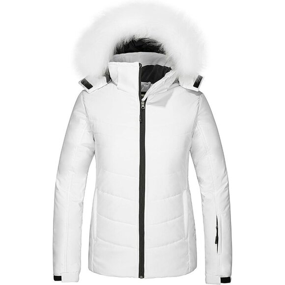 Jackets & Blazers - Women's Puffer Ski Hooded Jacket White Faux Fur Winter Warm Waterproof Coat